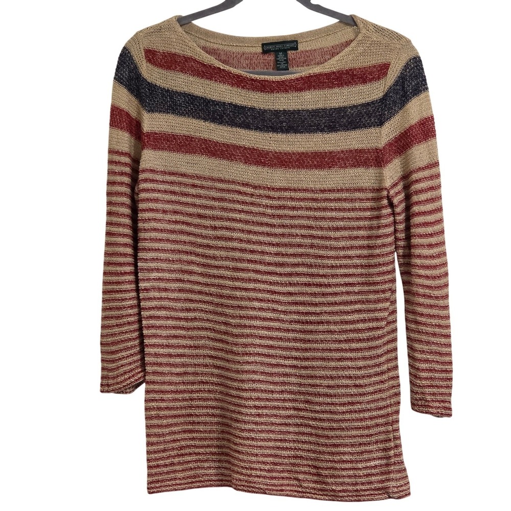 Lauren Jeans Co Ralph Lauren Sweater Women Med Tan Red Stripe Linen Blend Knit